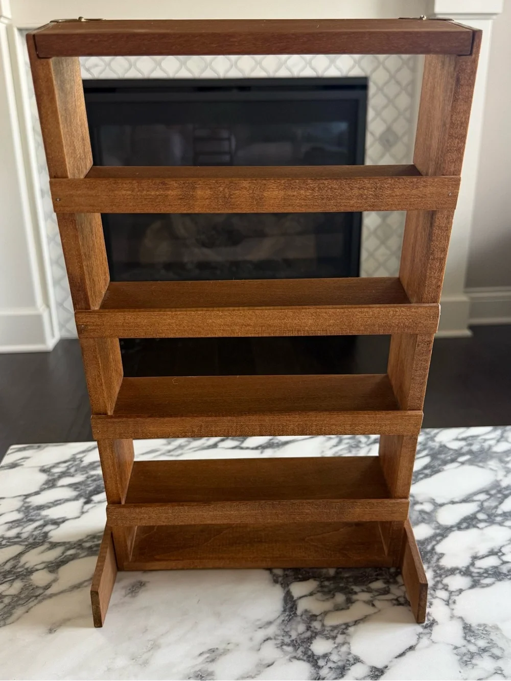 Vintage Wood Countertop Shelf Brass Corner Accents Tabletop Organizer 10x17x5